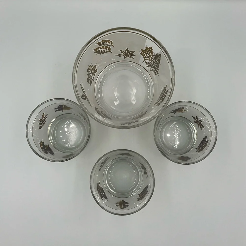 Vintage Libbey Starlyte Golden Foliage Small Ice Bowl & 3 Rock Glasses